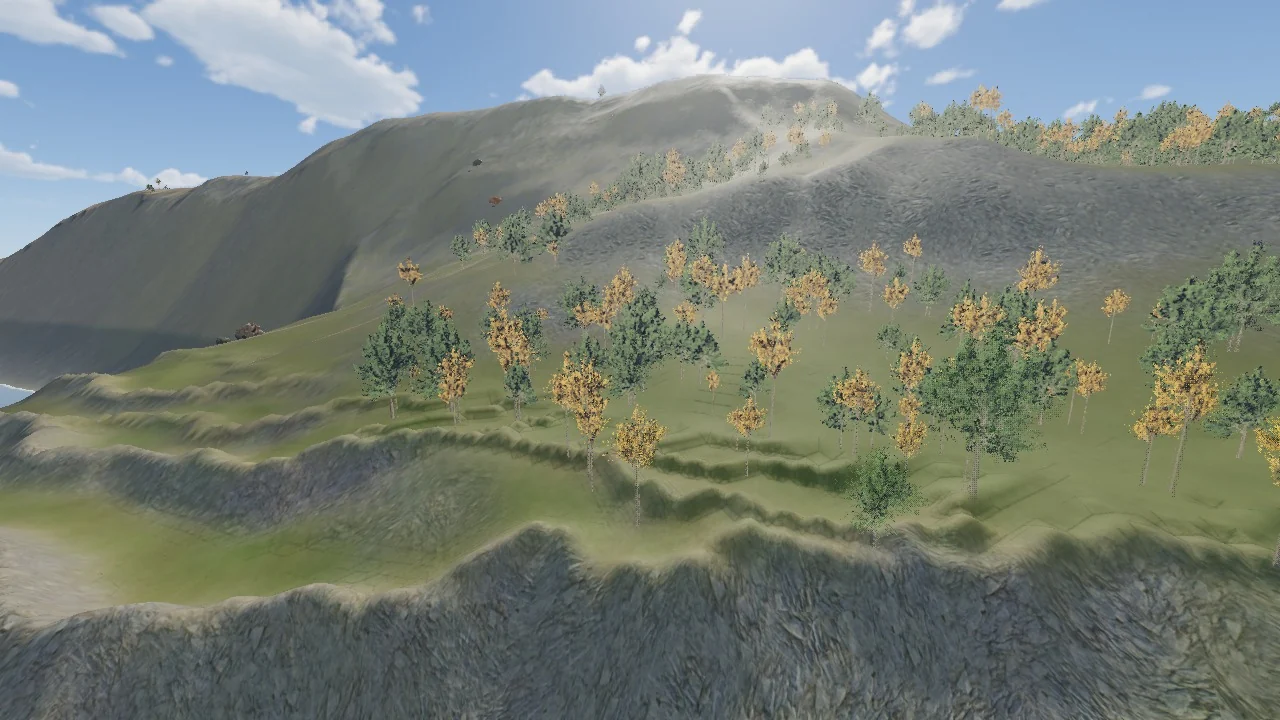 OmiLith rendering Drune's mountainous terrain and autumn forest stands.