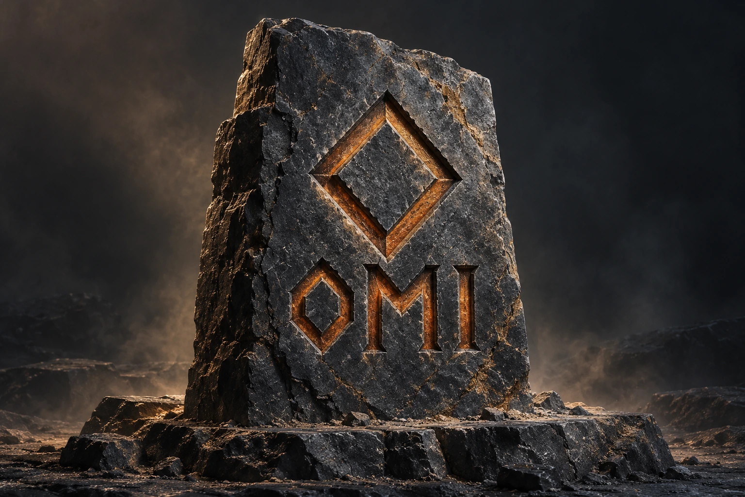An ancient dark stone tablet carved with a copper-lit diamond and angular OMI lettering.